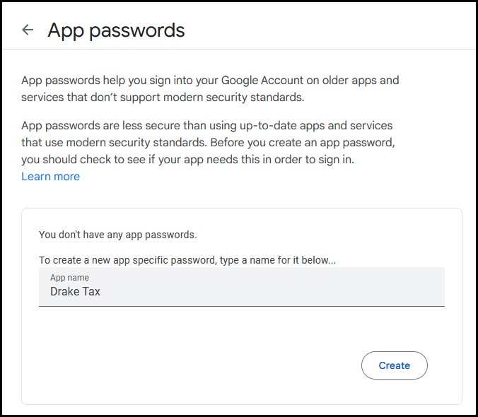 App password screen in Google. App password screen in Google.